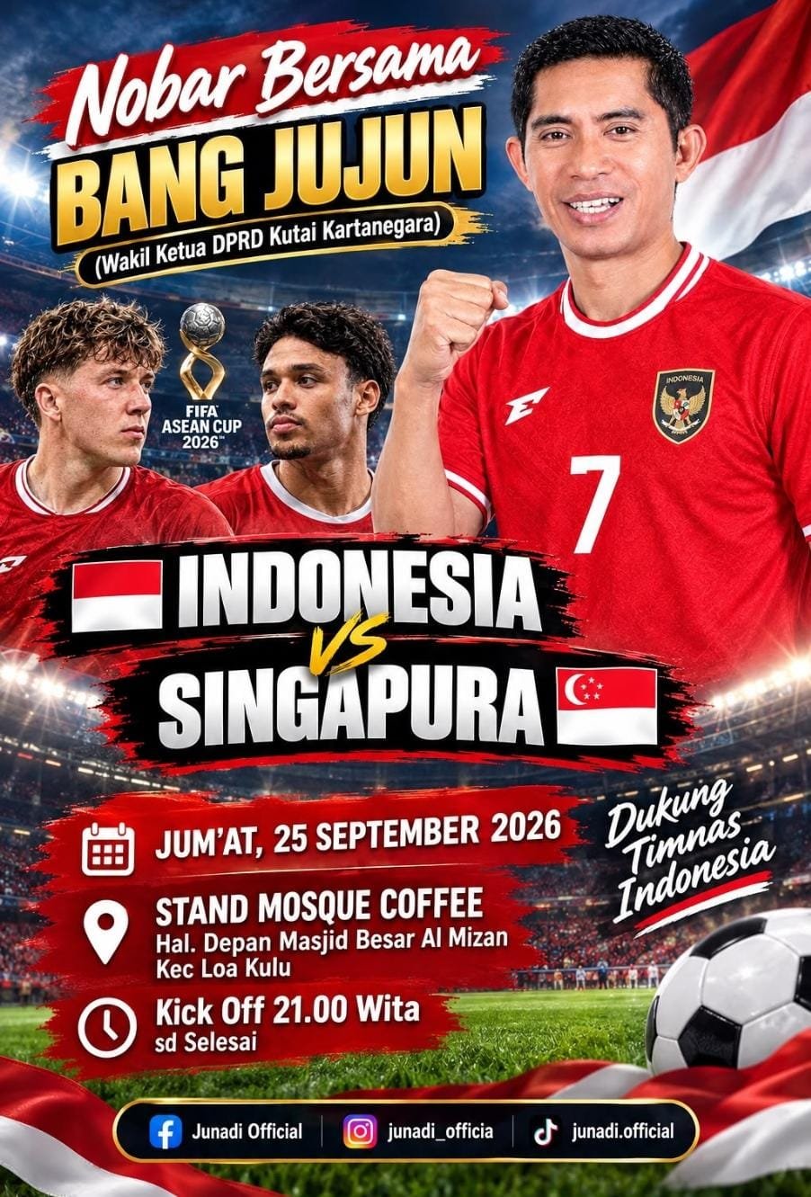 Nobar Indonesia vs Singapura Digelar di Loa Kulu, Junadi Ajak Warga Ramaikan Mosque Coffee